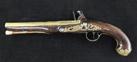 A late 18th century brass barrelled flintlock holster pistol, 14in.